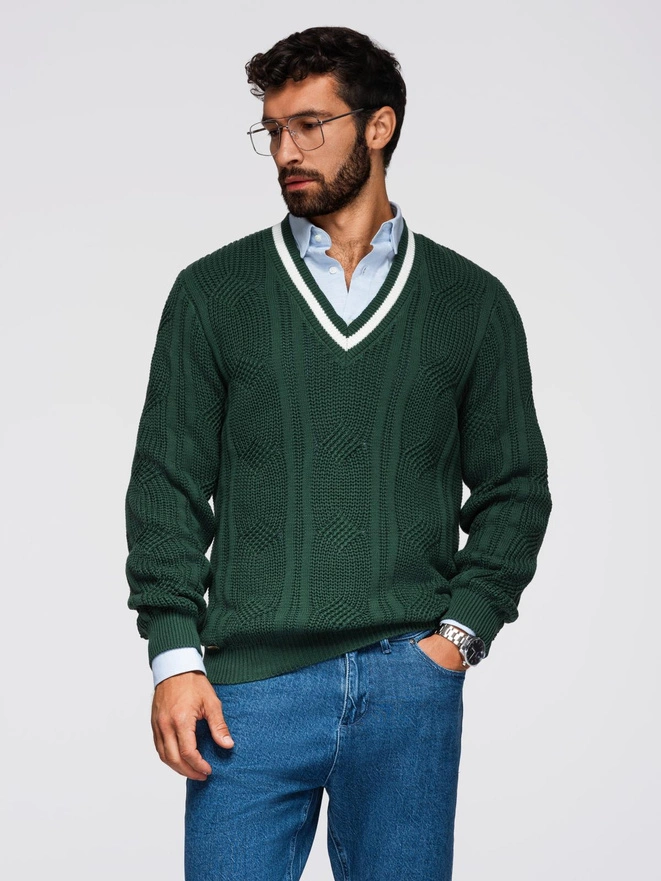 Men's plaid sweater with crew neckline - green V3 OM-SWSW-0151