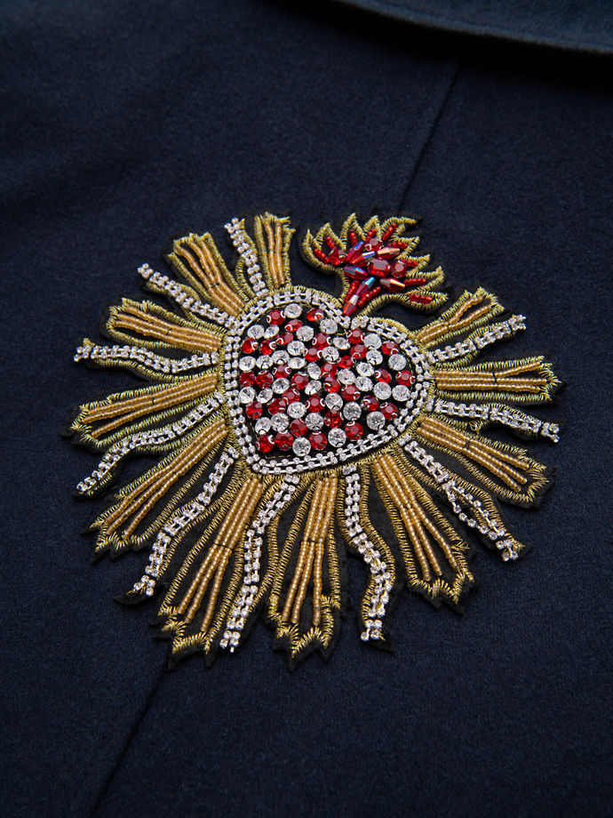 Men's double-breasted coat with wool and decorative appliqués - V1 navy blue OM-COWC-0149