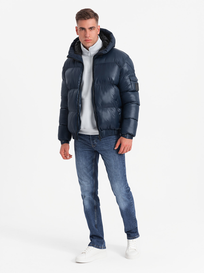 Warm men's puffer jacket with welts - navy blue V2 OM-JAHP-0207