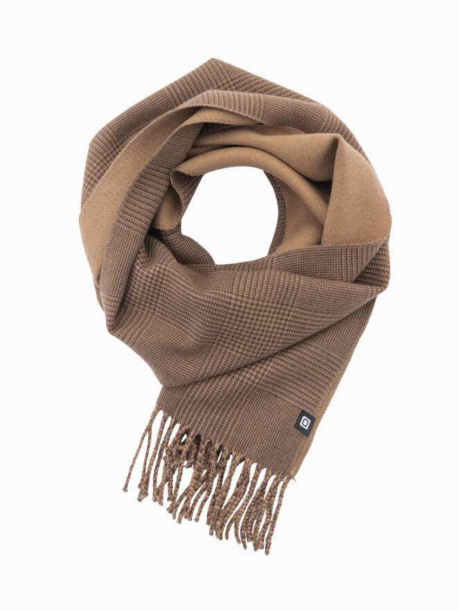 Double-sided men's checkered scarf with tassels - brown and beige V2 OM-ACSF-0118