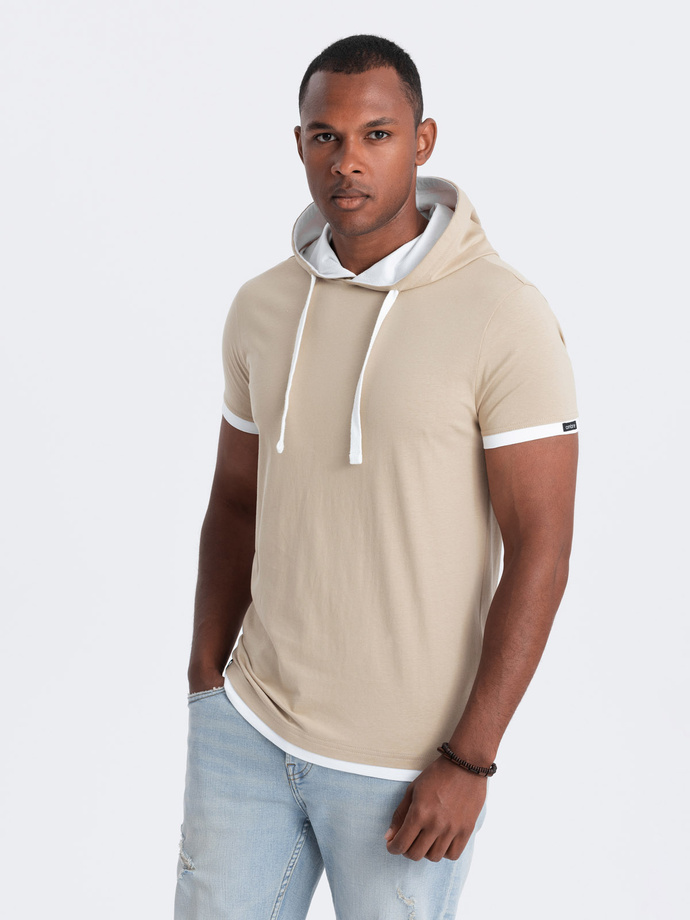 Męski casualowy t-shirt bawełniany z kapturem – beżowy V5 OM-TSCT-22SS-001