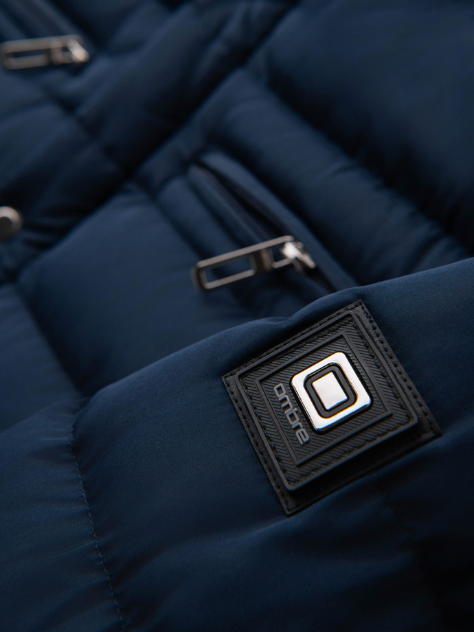 Kurtka pikowana męska ze stójką i zamkami na klatce piersiowej – granatowa V2 OM-JALP-0260