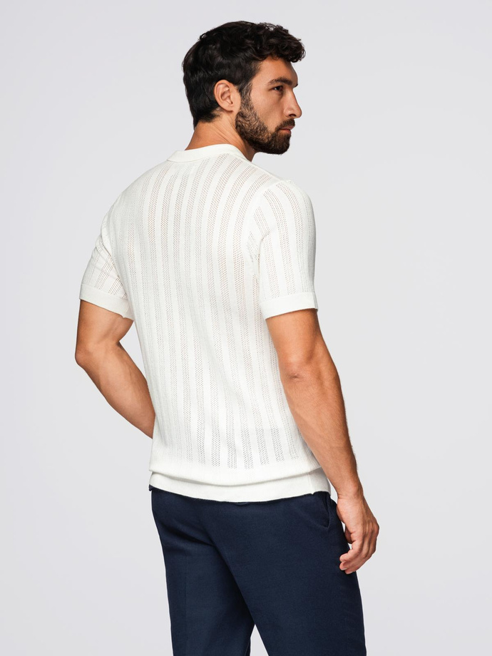 Men's openwork polo shirt with zipper at neckline - white V1 OM-POSS-0158