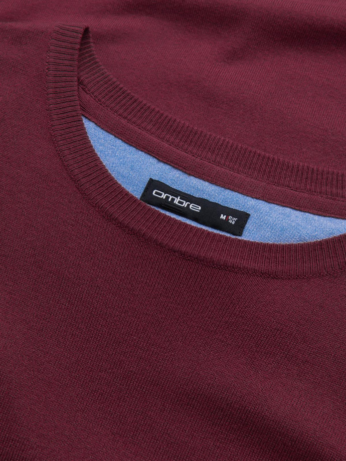 BASIC men's viscose classic sweater with round neckline - maroon V11 OM-SWBS-0106