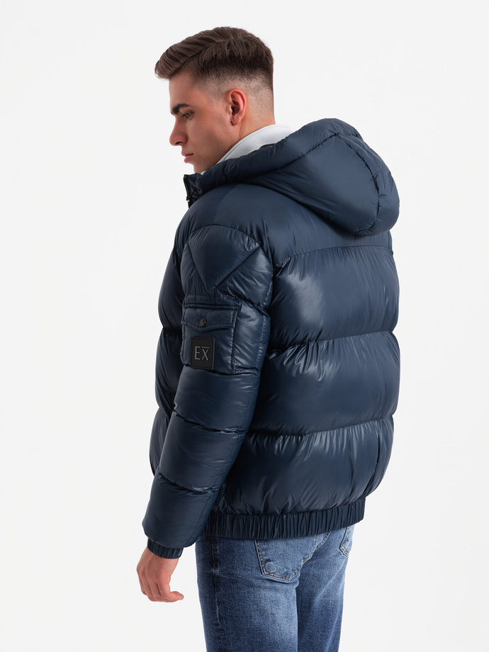 Ciepła kurtka męska puffer ze ściągaczami – granatowa V2 OM-JAHP-0207