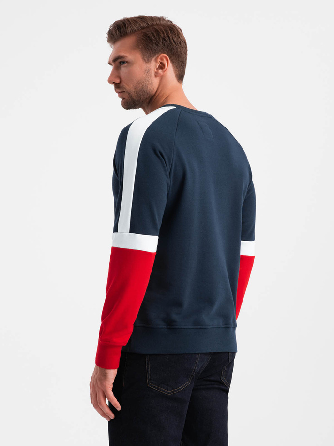 Trójkolorowa męska dresowa bluza z raglanowymi rękawami – granatowa V2 OM-SSNZ-22FW-003
