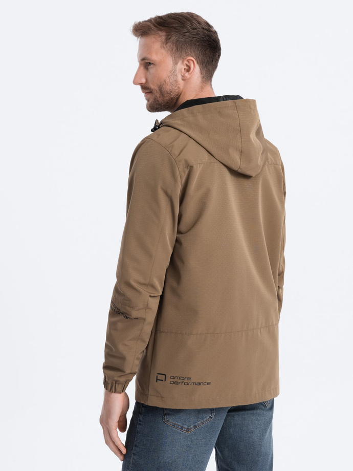 Kurtka męska przejściowa z kapturem - brązowa V2 OM-JANP-22FW-005
