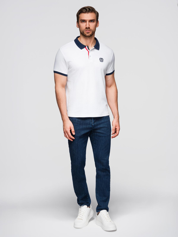 Męska koszulka polo z kolorowymi akcentami – biała V2 OM-POSS-0105