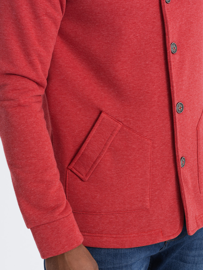 Men's casual sweatshirt with button-down collar - red melange V3 OM-SSZP-0171