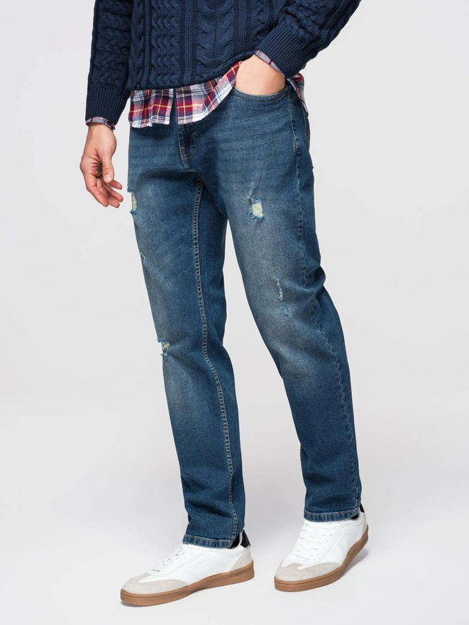 Men's REGULAR FIT denim pants with rubbing - dark blue V2 OM-PADP-0254