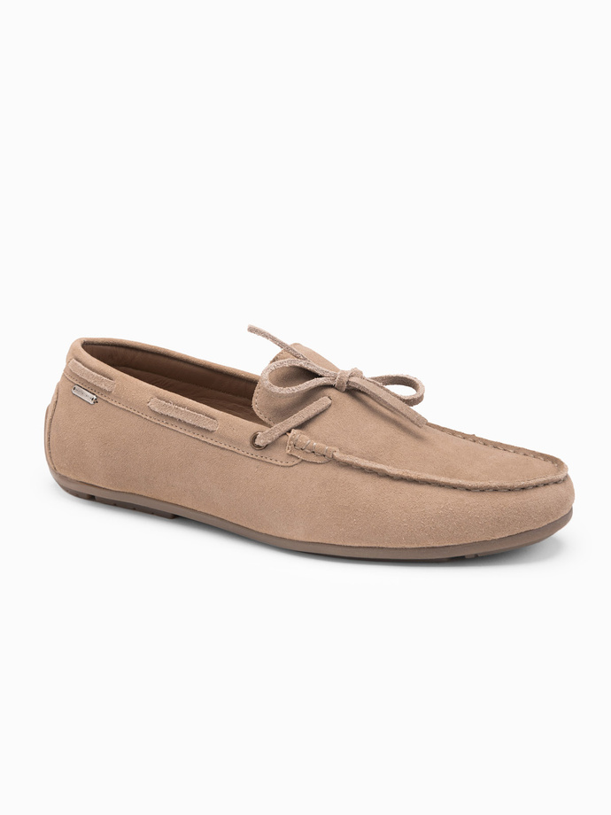 Men's leather moccasin shoes with thong and driver sole - beige V1 OM-FOCS-0150