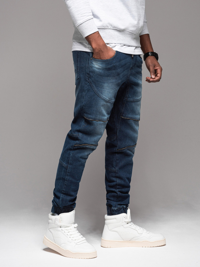 Men's denim jogger pants with rips and zippers - dark blue V1 OM-PADJ-0243