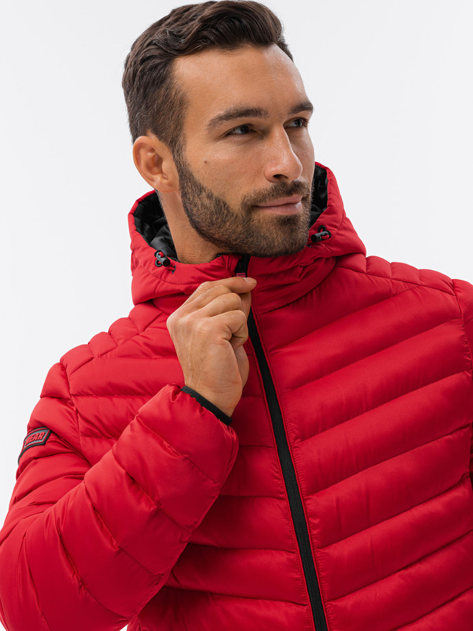 Men's quilted jacket with satin finish - red V7 OM-JALP-0121