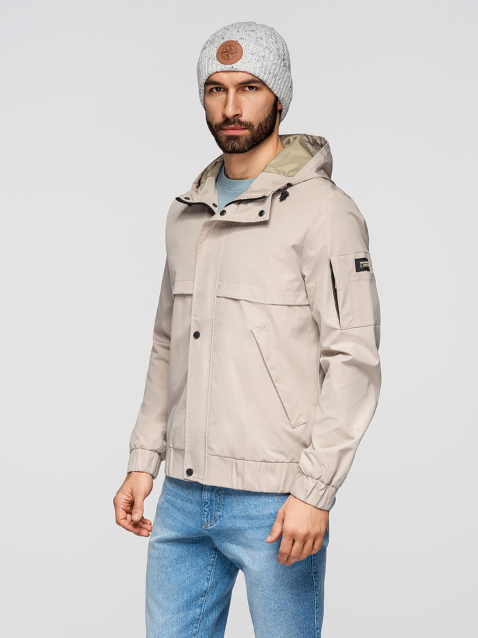 Funkcjonalna męska kurtka przejściowa z kapturem – beżowa V3 OM-JANP-0225