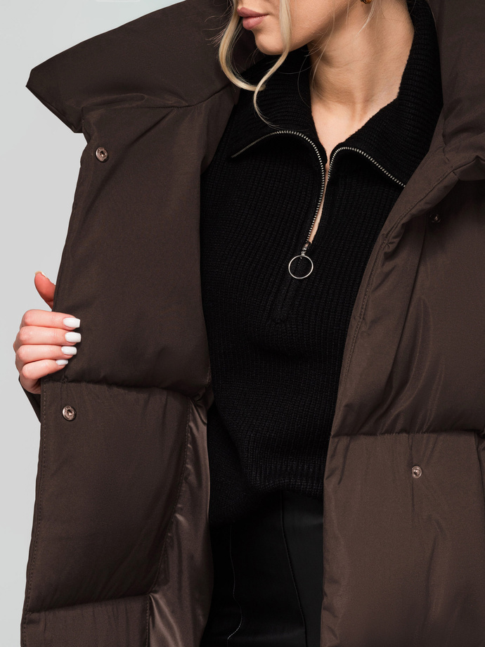 Women's quilted long jacket with belt OW-JALJ-0104 v3 - brown