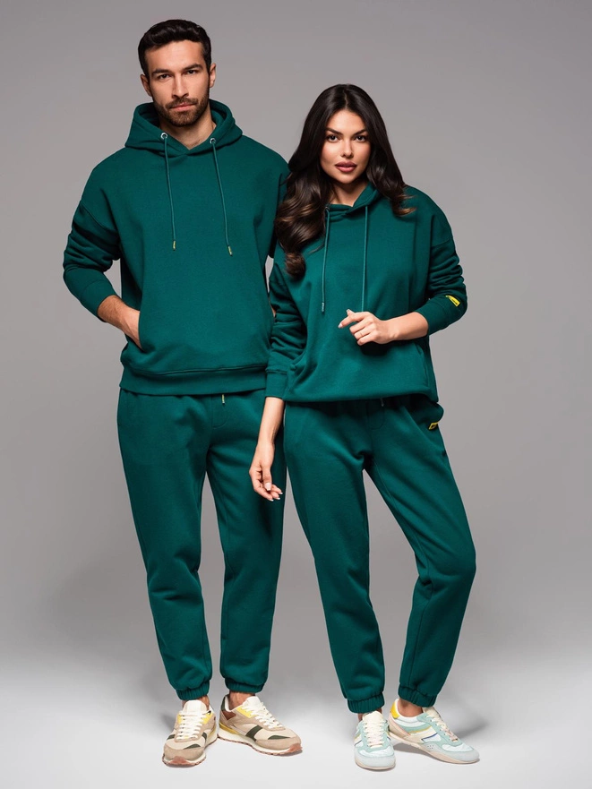 Komplet dresowy UNISEX bluza z kapturem + spodnie ze ściągaczami w stylu athleisure – ciemnozielony V17 Z111