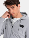 Men's unbuttoned sweatshirt with hood and patch - grey V1 OM-SSZP-0140