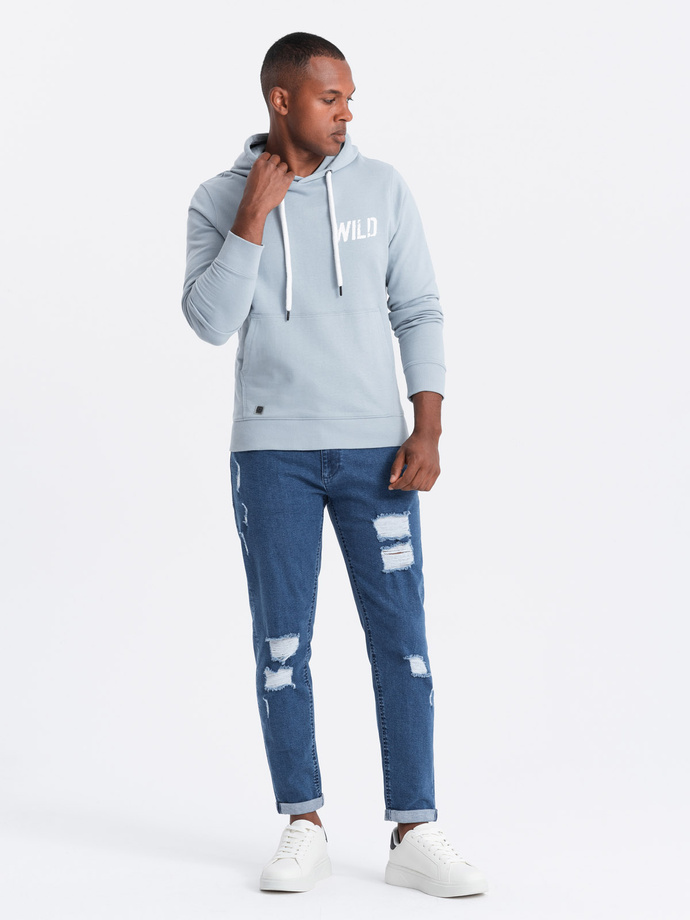 Washowane spodnie męskie jeansowe TAPERED FIT z przetarciami – niebieskie V2 OM-PADP-0163