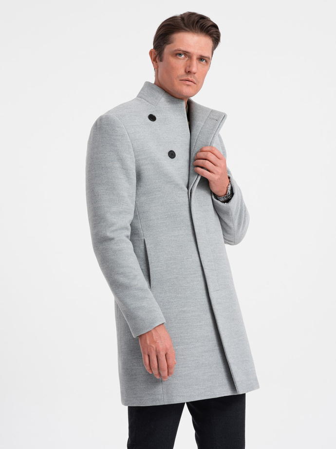 Men's coat with asymmetrical fastening - grey melange V1 OM-COWC-0102