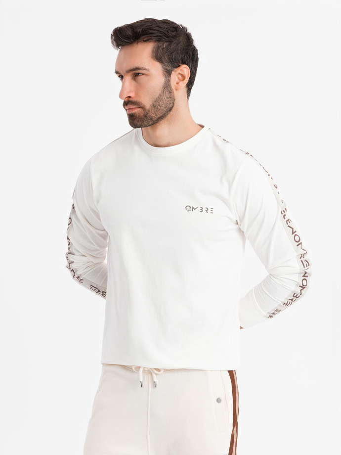 Men's cotton U-neck longsleeve with piping and chest print - broken white V3 OM-LSCL-0127