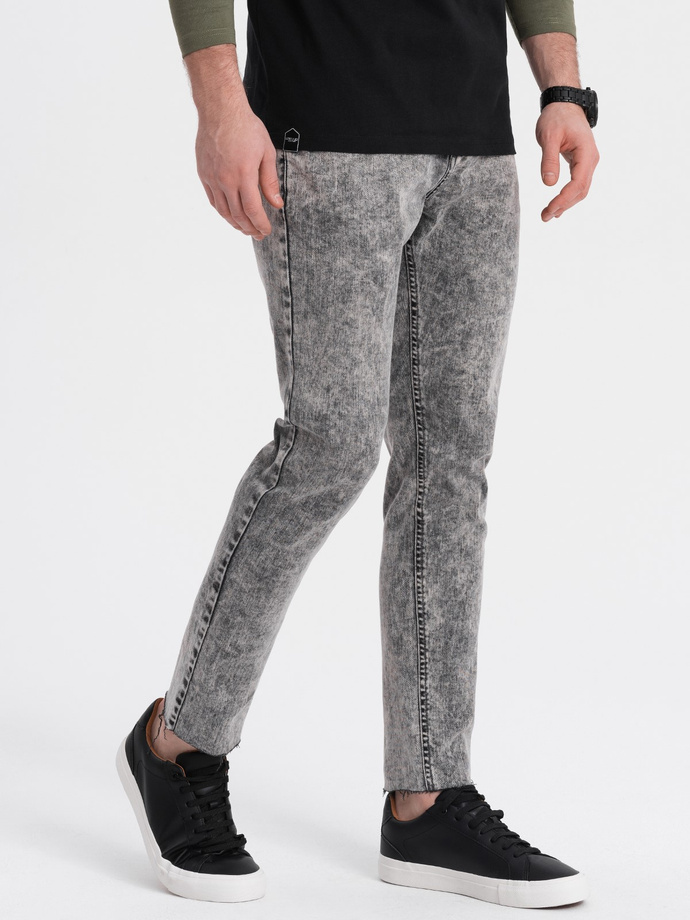Spodnie męskie jeansowe marmurkowe z surowo wykończoną nogawką SLIM FIT -  szare V1 OM-PADP-0146