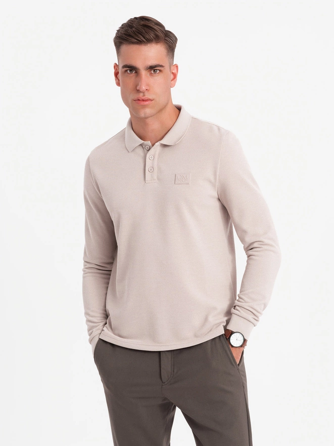 Men's structured polo longsleeve with patch - ash V3 OM-POLS-0131