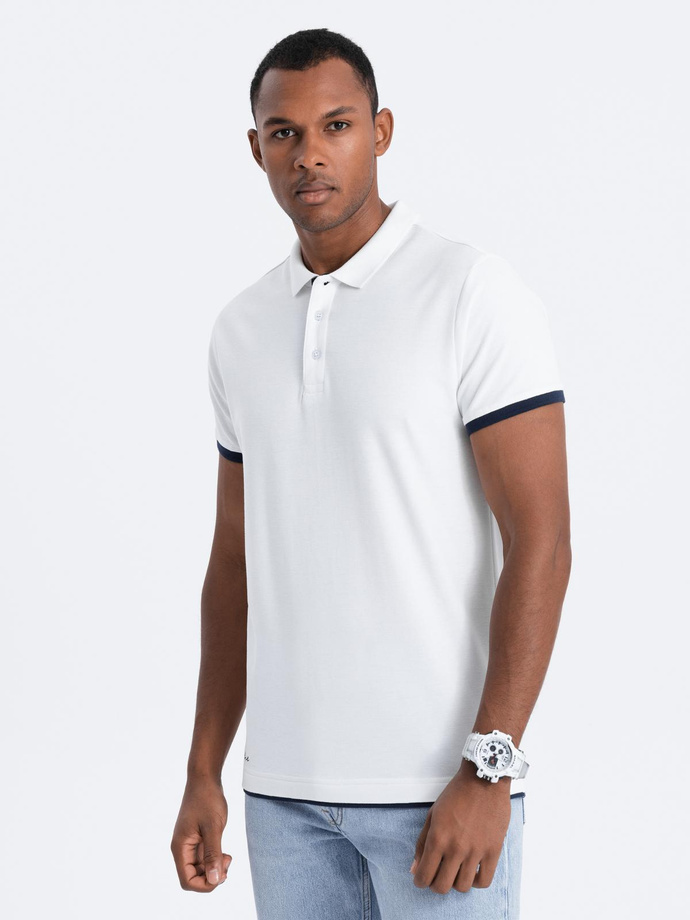 Bawełniana męska koszulka polo z kontrastowymi wykończeniami – biała V1 OM-POSS-0113