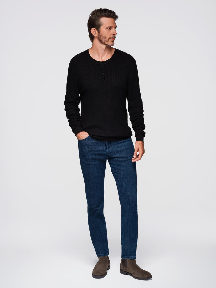 Men's ribbed sweater with buttons at the neckline - black V2 OM-SWSW-0182