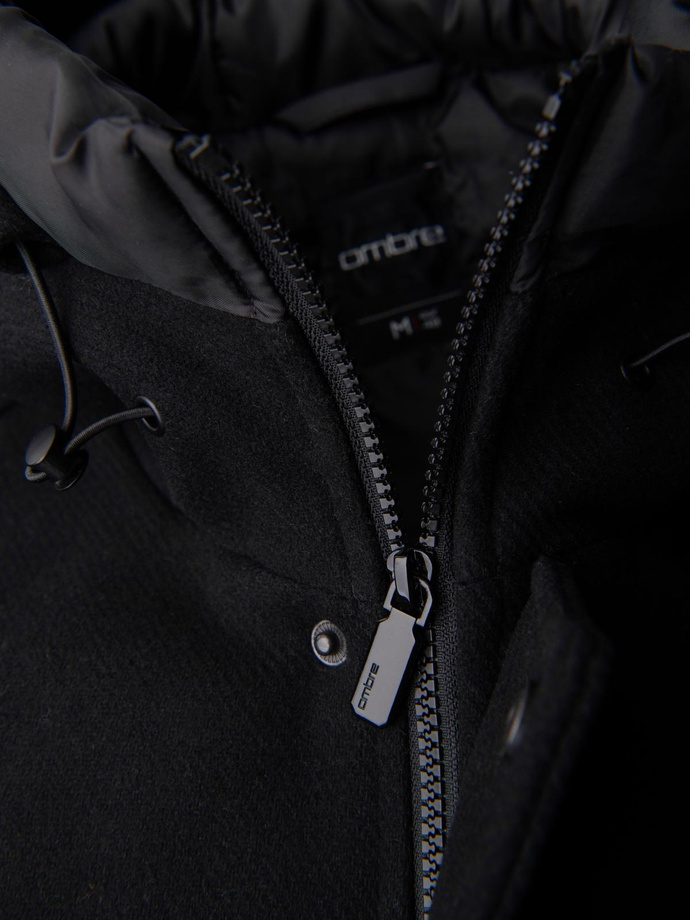 Men's parka coat with wool and hood - black V1 OM-COWC-0132