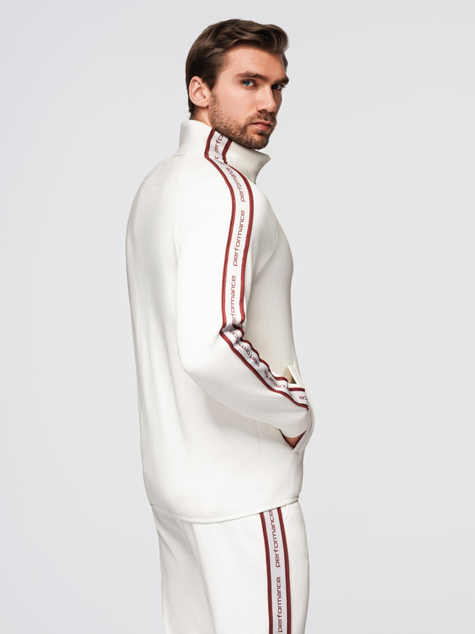 Men's unbuttoned sweatshirt with piping and high collar - cream V2 OM-SSZP-0224