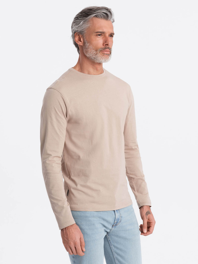 Męski longsleeve BASIC z okrągłym dekoltem - beżowy V8 OM-LSBL-0106