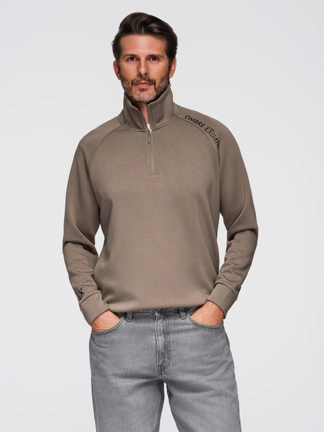 Men's sweatshirt with contrasting print and unbuttoned high collar - grey-brown V3 OM-SSZP-0211