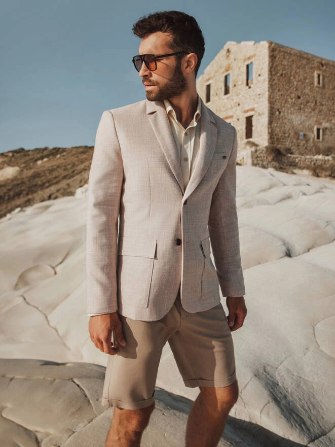 Men's REGULAR cut jacket with linen - light beige V2 OM-BLZB-0128