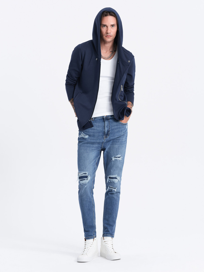 Długa bluza męska z asymetrycznym zapięciem HAGA - granatowa B668