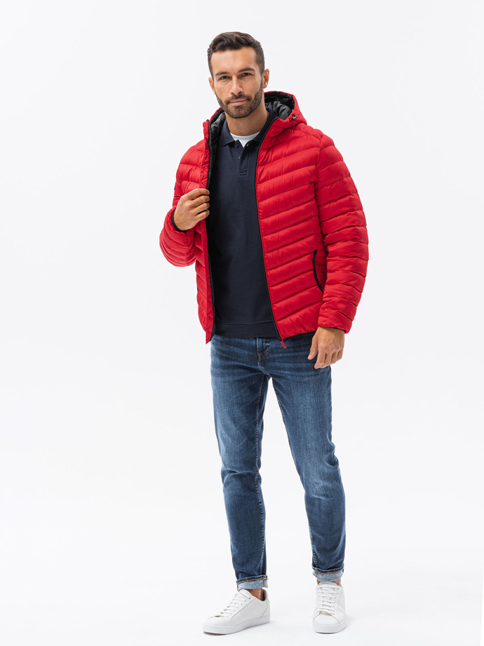 Men's quilted jacket with satin finish - red V7 OM-JALP-0121