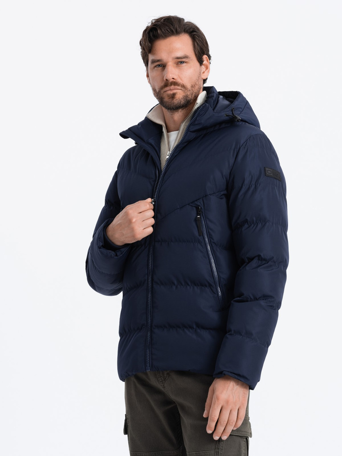 Men's winter jacket with unusual quilting - navy blue V4 OM-JAHP-0127