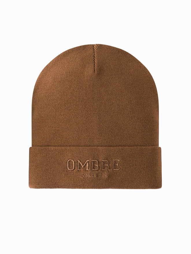 Men's knitted beanie with embroidered inscription - brown V4 OM-ACWH-0120
