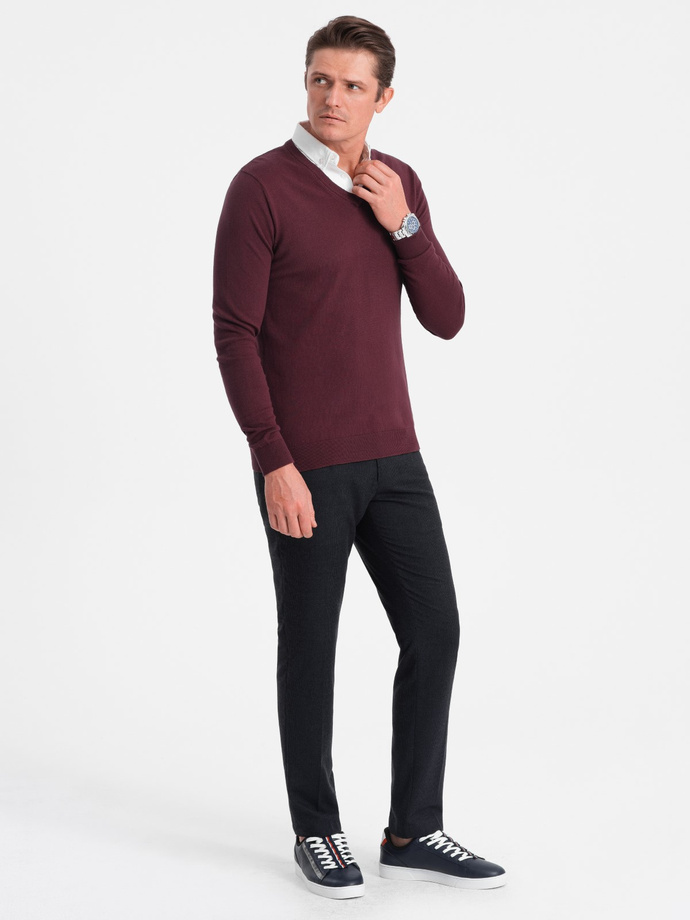 Men's sweater with a "v-neck" neckline with a shirt collar - maroon V8 OM-SWSW-0102