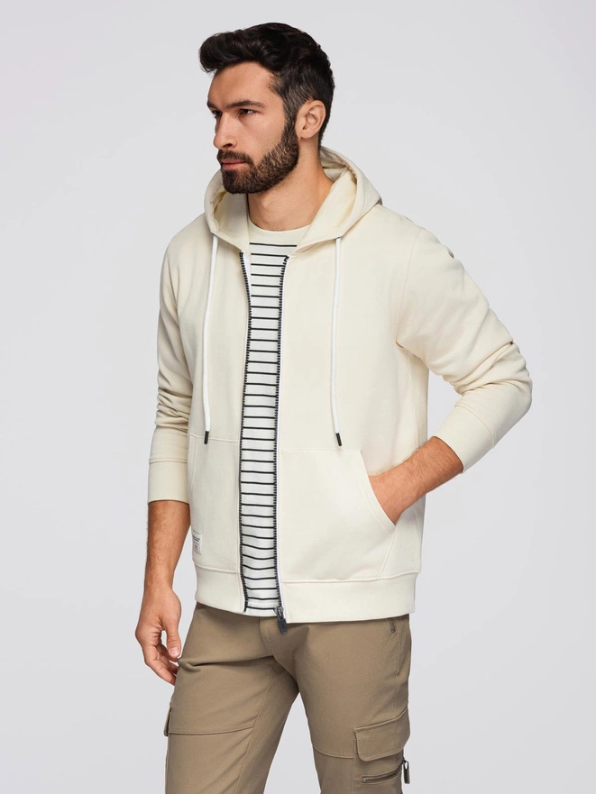 Men's BASIC unbuttoned hooded sweatshirt - cream V11 OM-SSBZ-0178