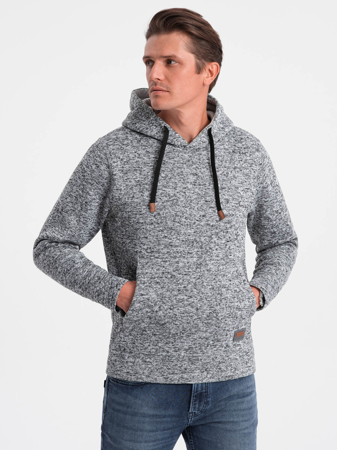 Men's non-stretch kangaroo hooded sweatshirt - grey melange V1 OM-SSNZ-0147