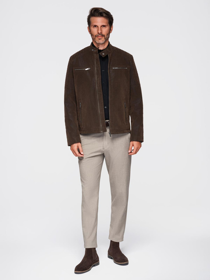 Męska kurtka biker w stylu retro ze stójką – brązowa V1 OM-JAFL-0197