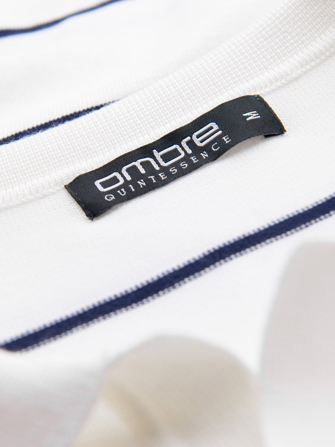Koszulka męska polo w poziome paski z wiskozą – biało-granatowa V2 OM-POSS-0145