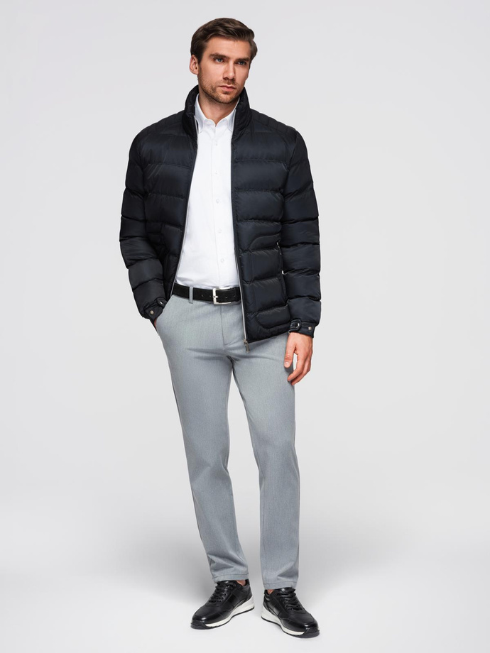 Men's quilted jacket with gloss and stand-up collar - black V1 OM-JALP-0218