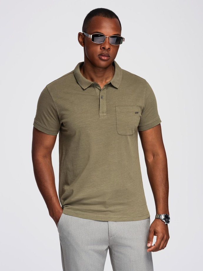 Men's polo t-shirt with decorative buttons - dark olive V5 S1744