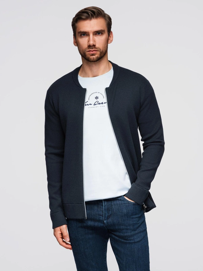 Sweter męski gładki na zamek  – granatowy V1 OM-SWZS-0146