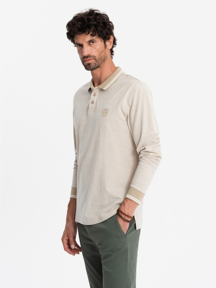 Men's melange polo longsleeve with embroidery - sand melange V4 OM-POLS-0129