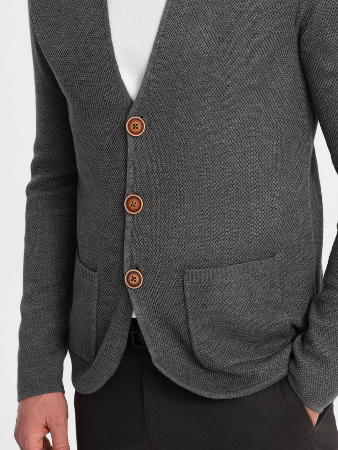 Structured men's cardigan sweater with pockets - graphite melange V2 OM-SWCD-0109