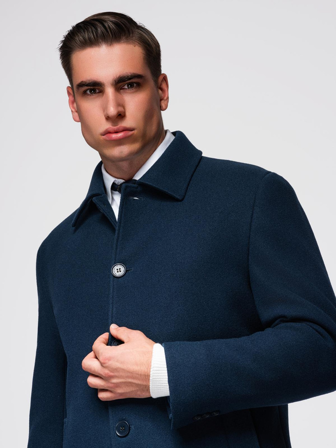 Long men's single-breasted coat with collar and undercoat - navy blue V3 OM-COWC-0135