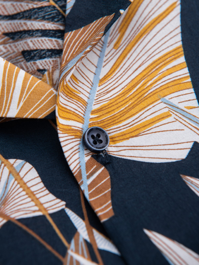 Wiskozowa wzorzysta męska koszula z krótkim rękawem – liście V14 OM-SHPS-0113