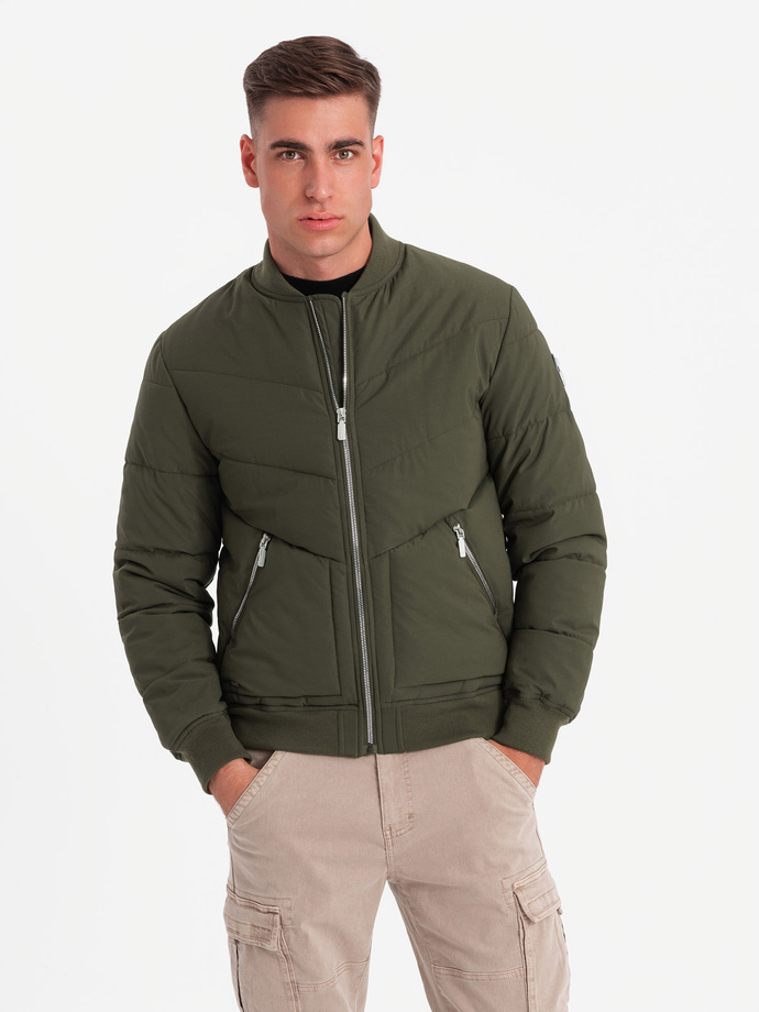 Men's quilted bomber jacket with metal zippers - dark olive green V3 OM-JALP-0143